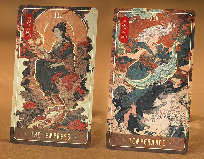 78 tarot cards spread showing Major and Minor Arcana with Chinese deity designs